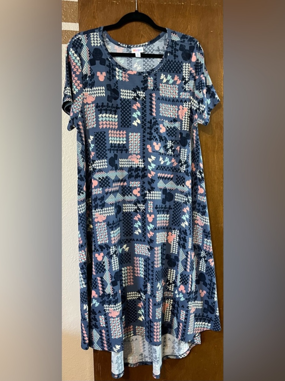 LuLaRoe Disney Carly Dress in Navy Blue with Pink and Light Blue Accents